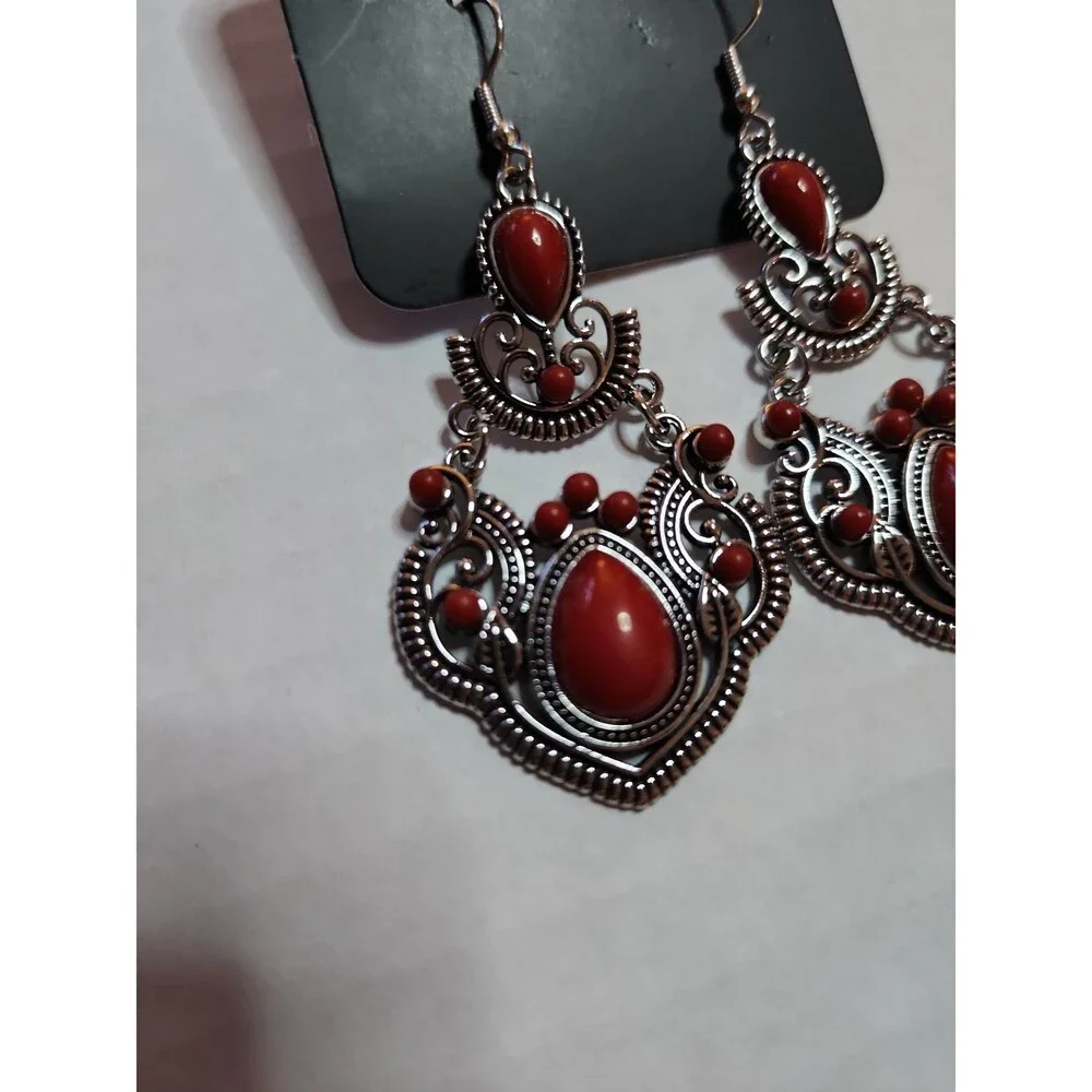 Paparazzi Palm Tree Tiaras Red Stone Chandelier Earrings - NWT Boho